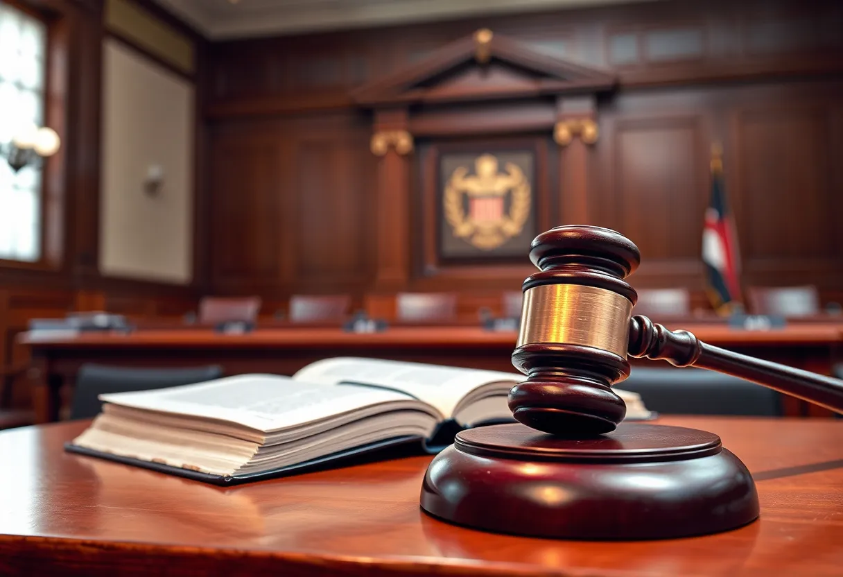 Courtroom scene representing legal challenges in a corruption case