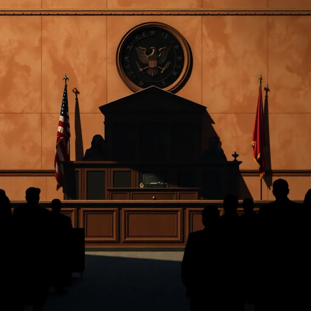 Abstract portrayal of a courtroom illustrating themes of legal corruption