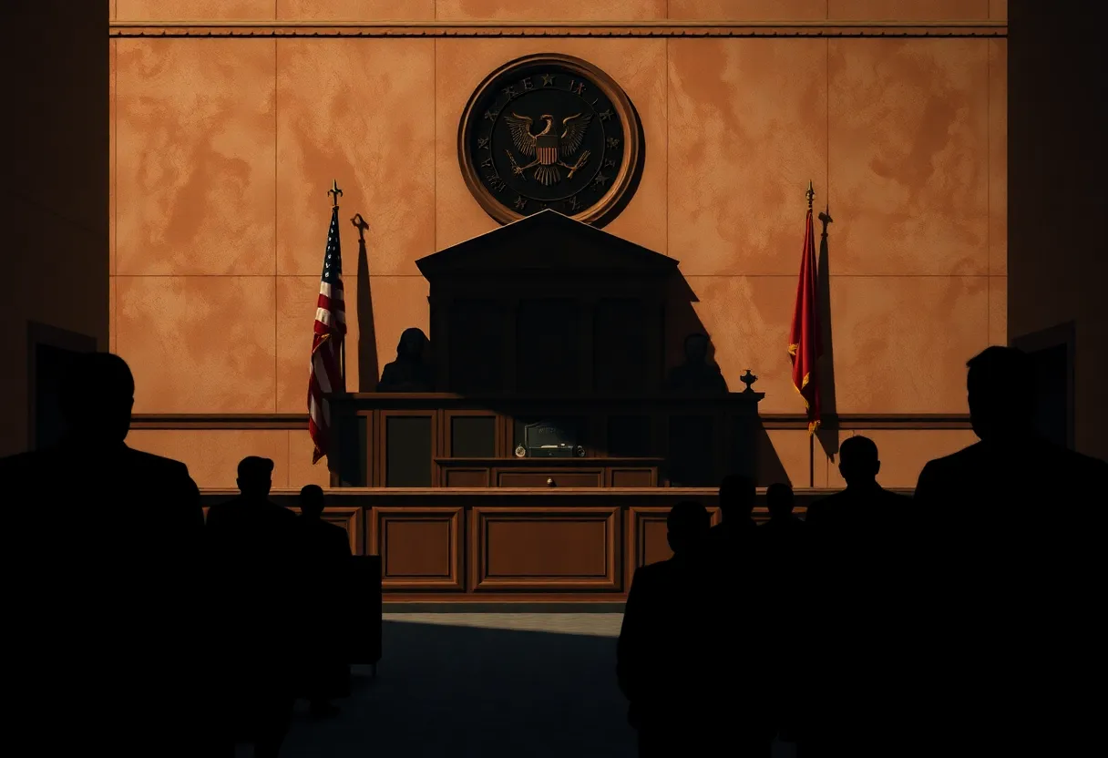 Abstract portrayal of a courtroom illustrating themes of legal corruption