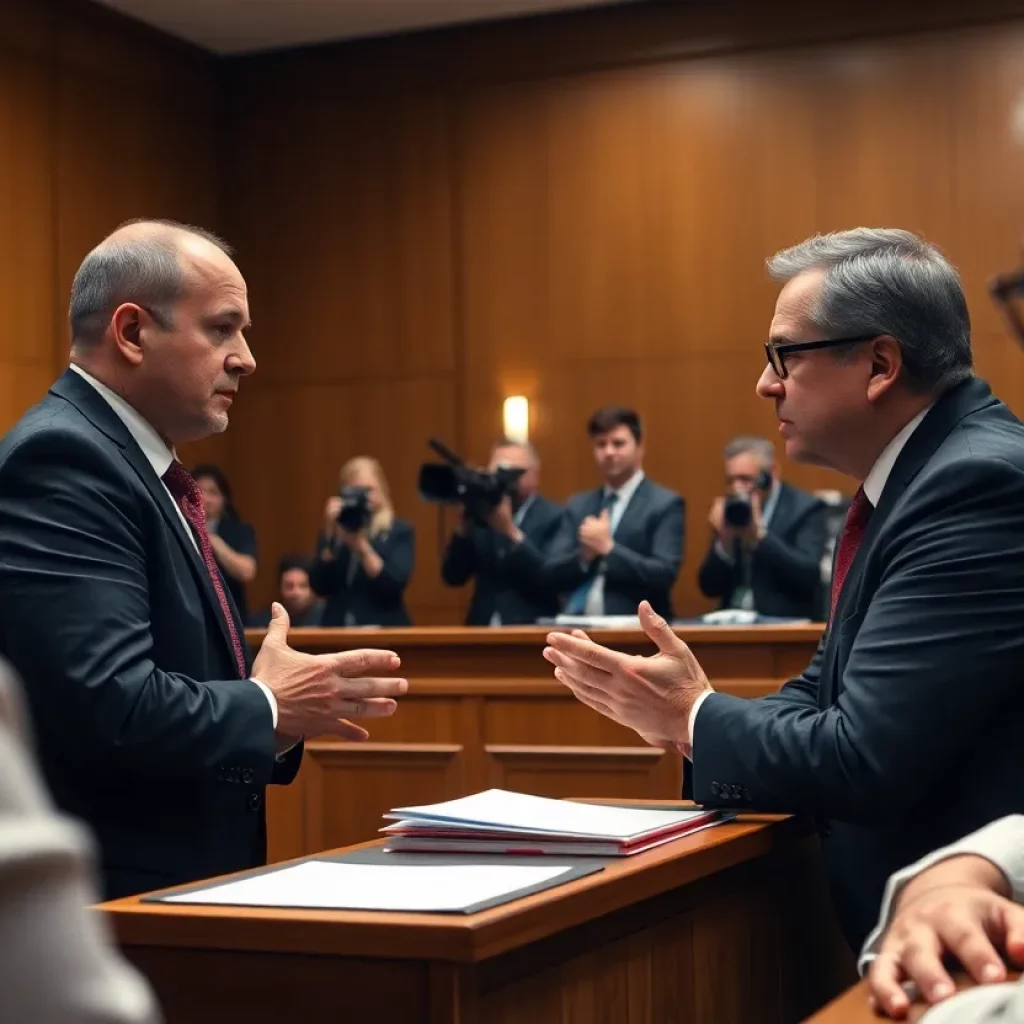 Lawyers in a courtroom discussing a high-profile legal case.