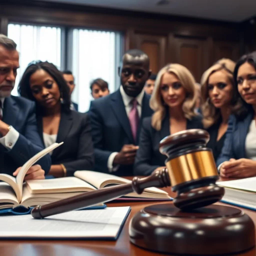 Dramatic courtroom scene illustrating legal drama