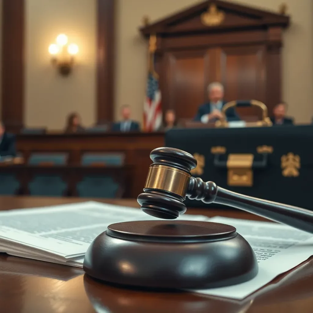 Courtroom with legal documents and a gavel