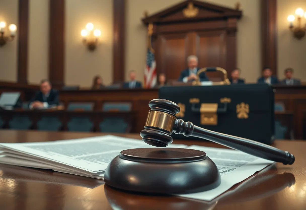 Courtroom with legal documents and a gavel