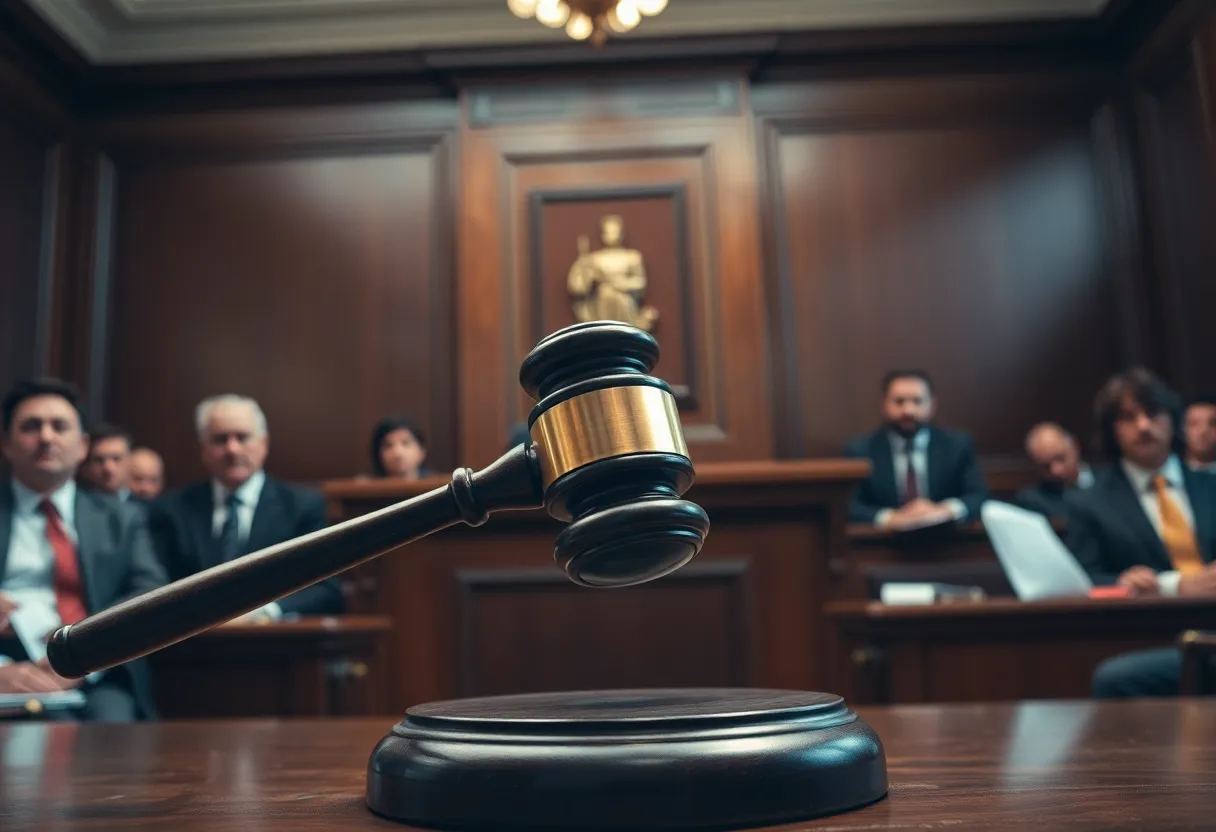 Courtroom scene depicting legal battle over Menendez brothers