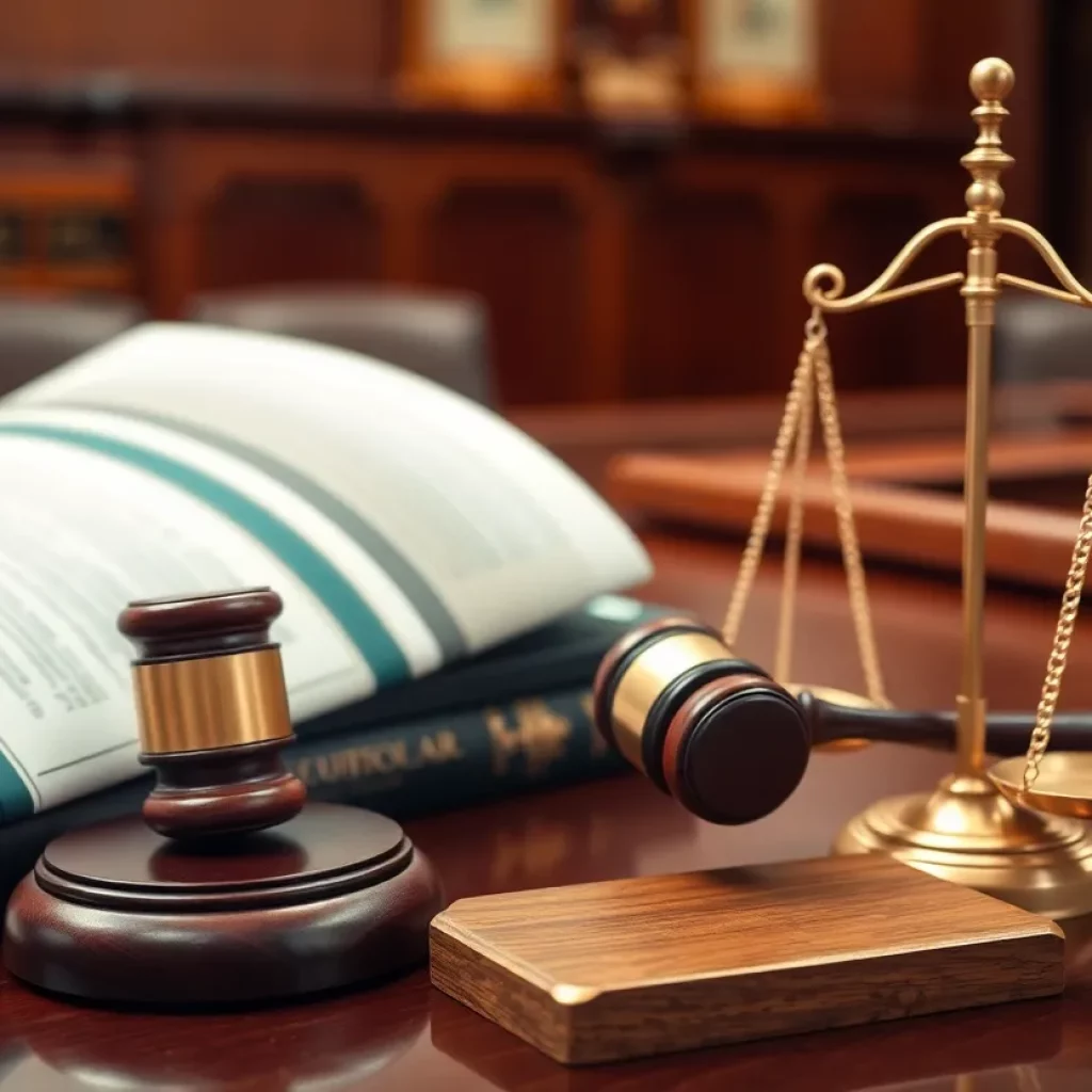 Courtroom with law books and gavel
