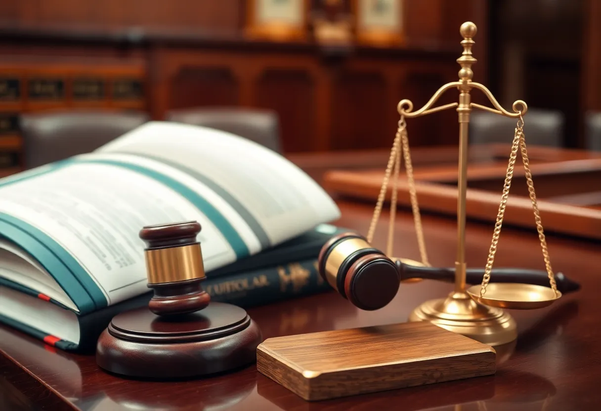 Courtroom with law books and gavel