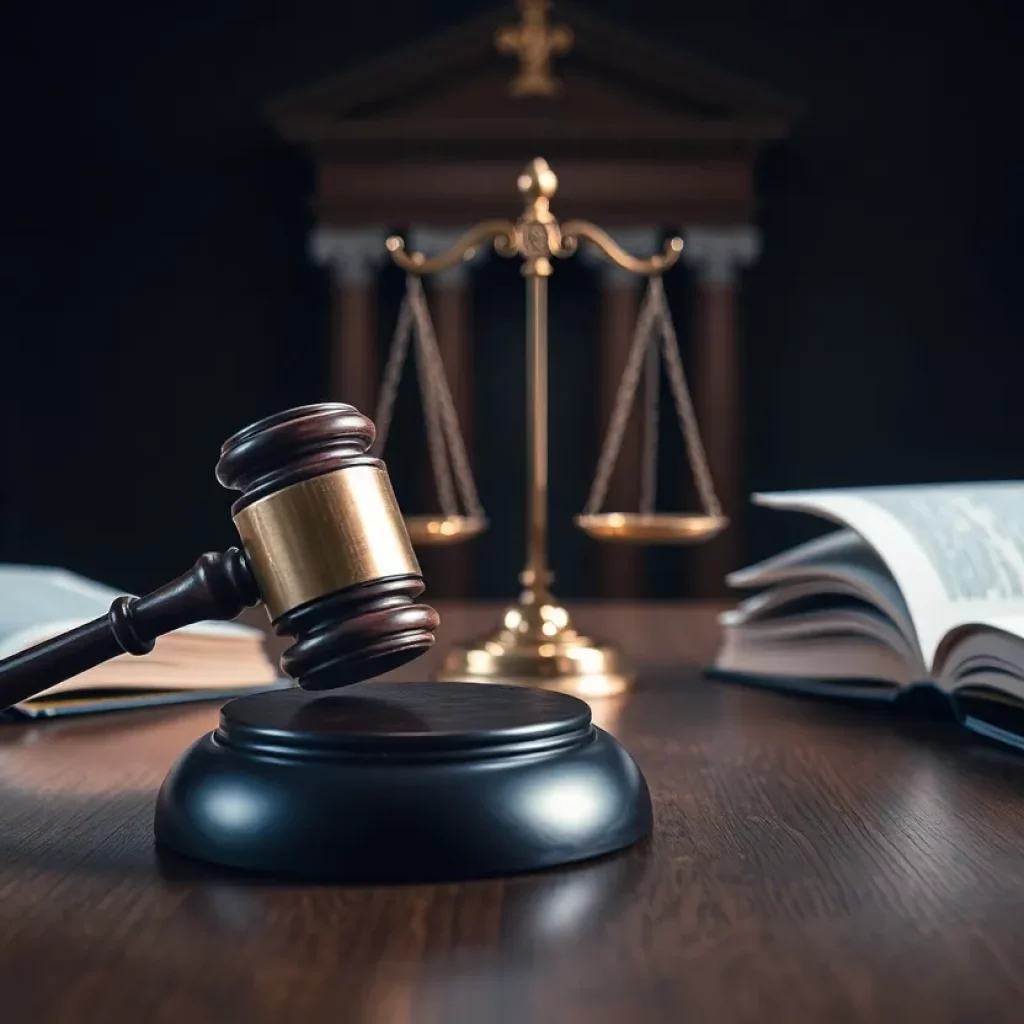 Representation of a courtroom setting with legal documents and a gavel.