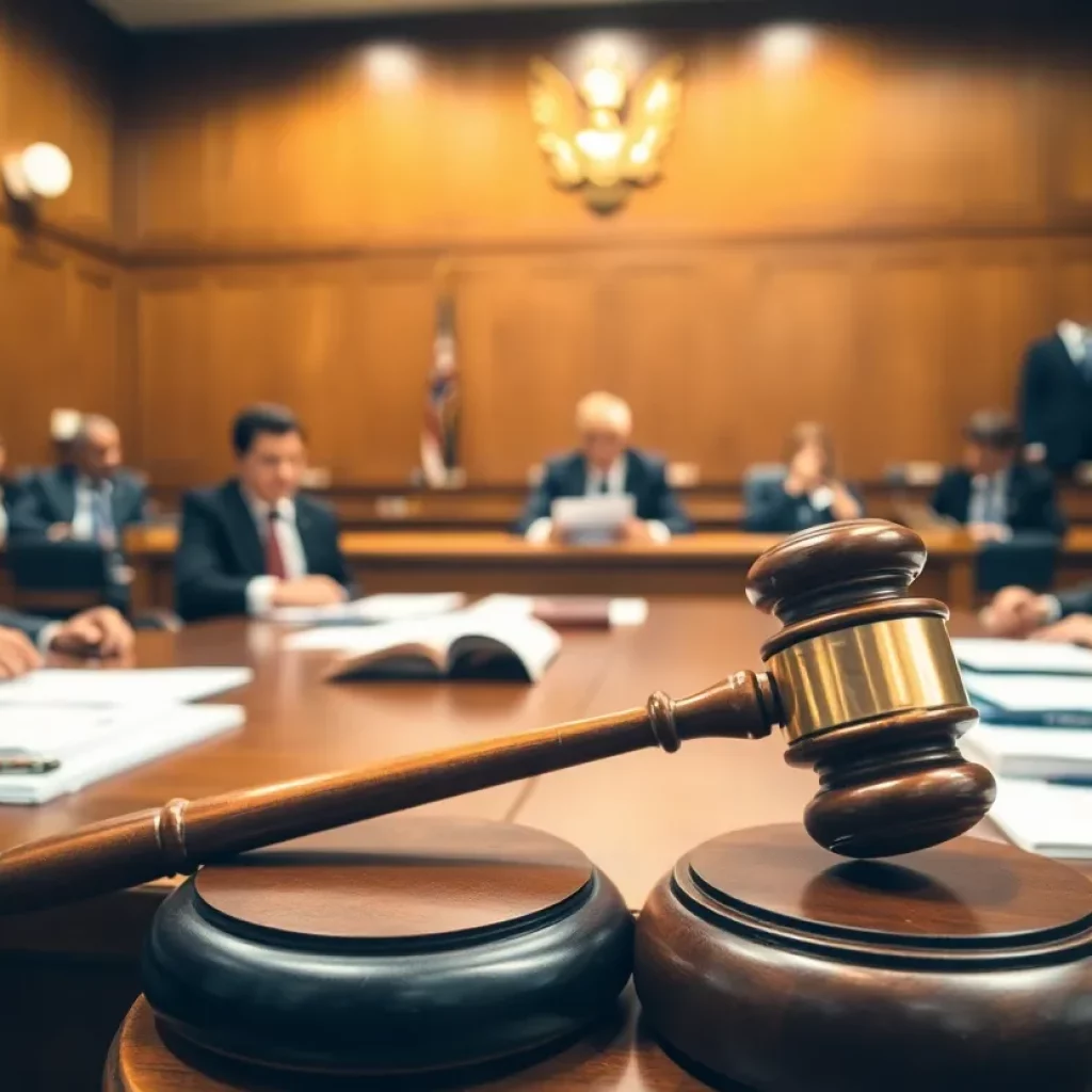 A tense courtroom scene with lawyers discussing evidence.