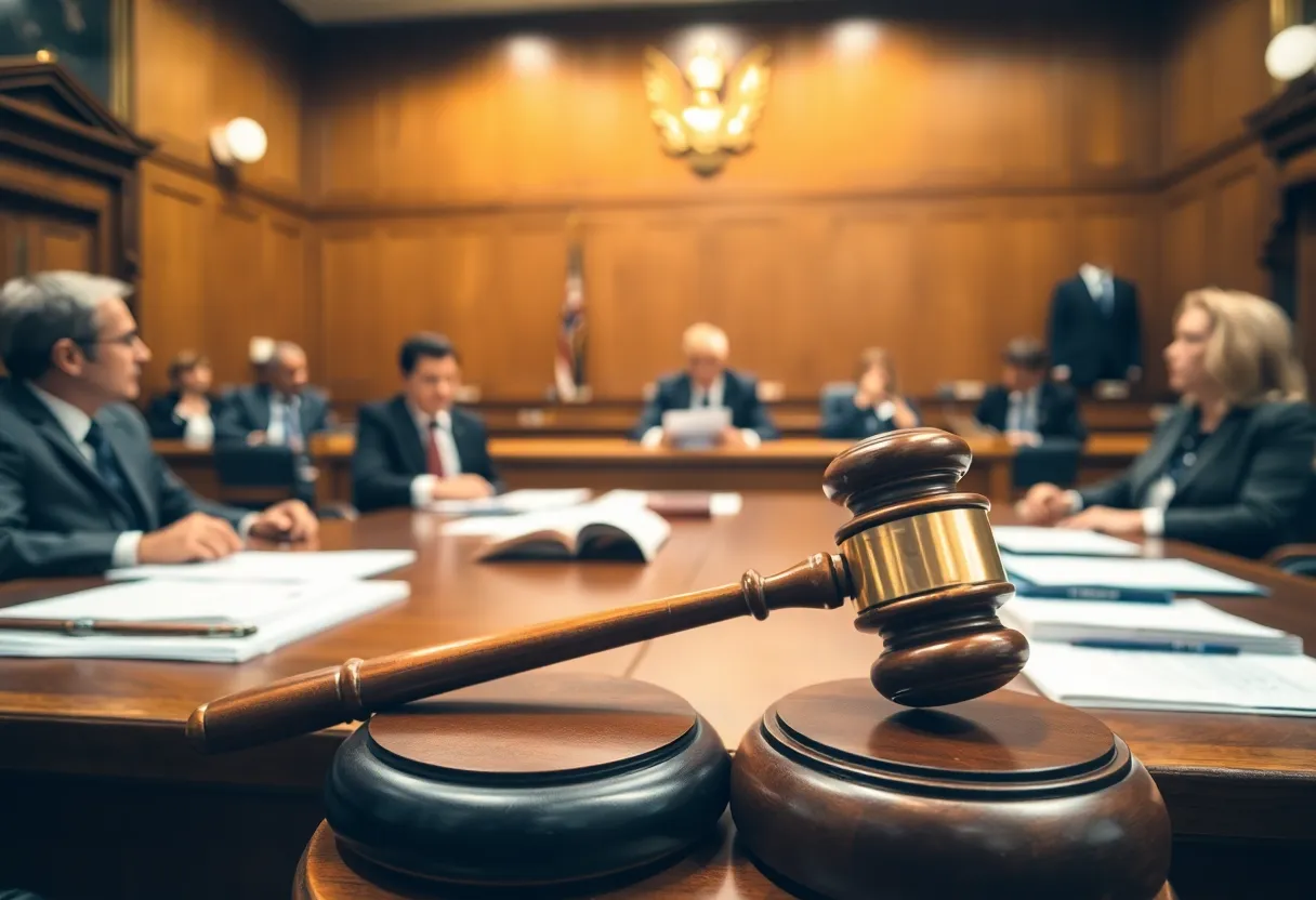 A tense courtroom scene with lawyers discussing evidence.