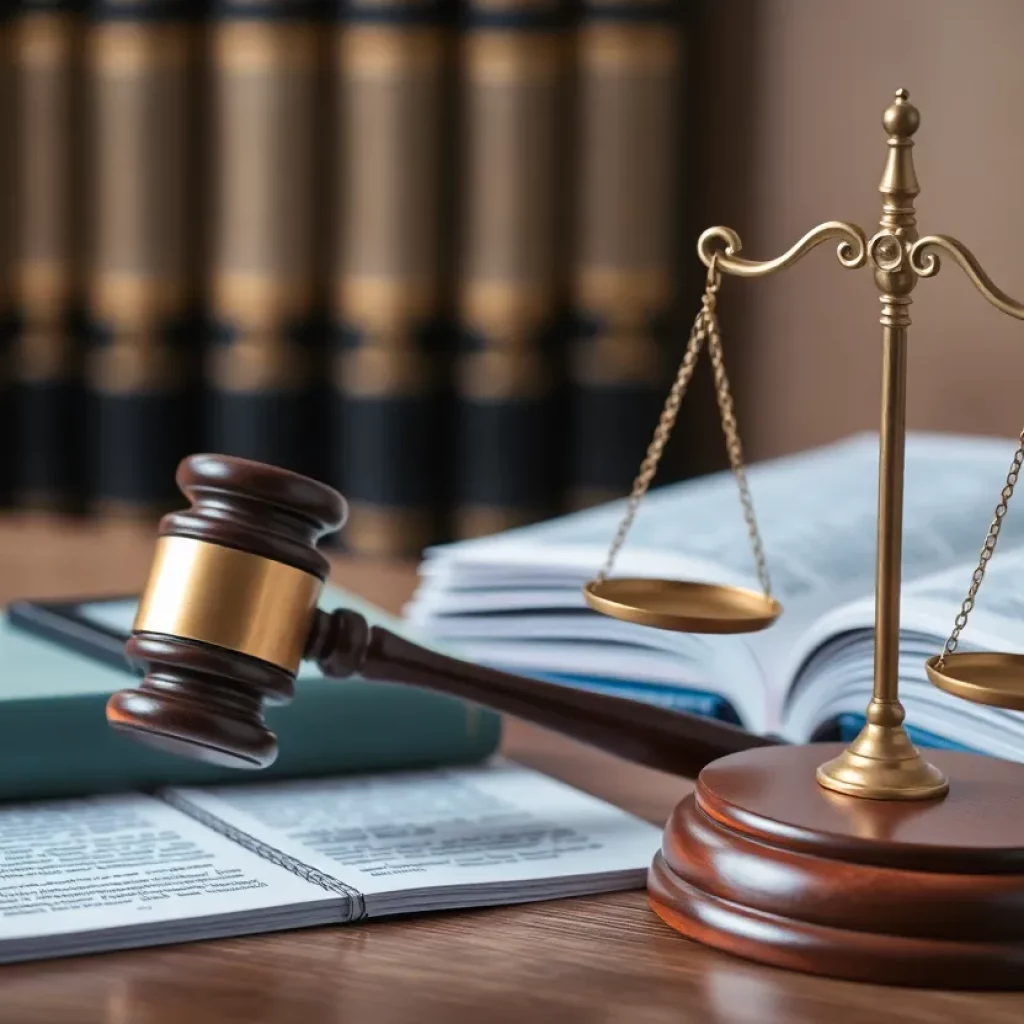 Abstract courtroom scene illustrating legal challenges