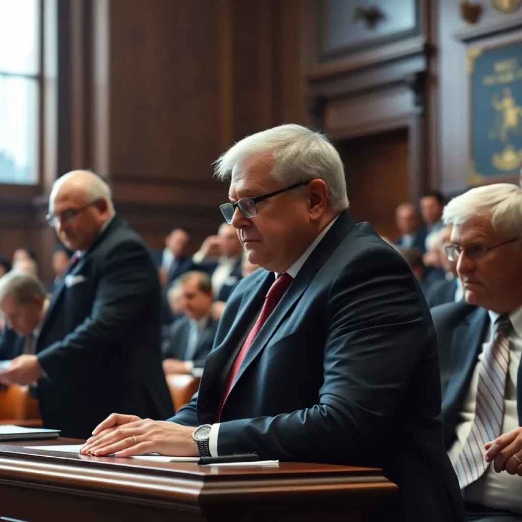 A busy courtroom with lawyers presenting cases.