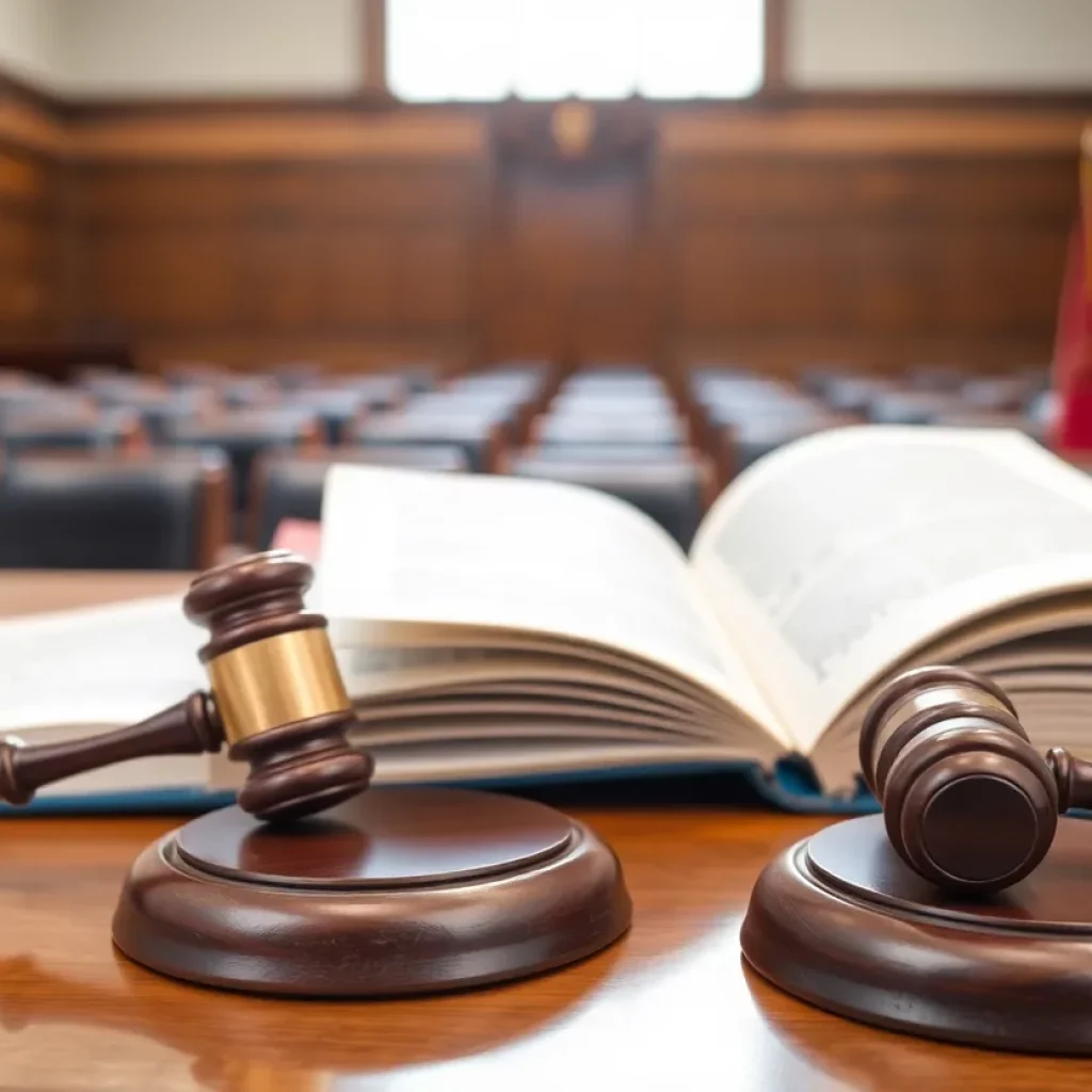 Courtroom scene with legal books and a gavel
