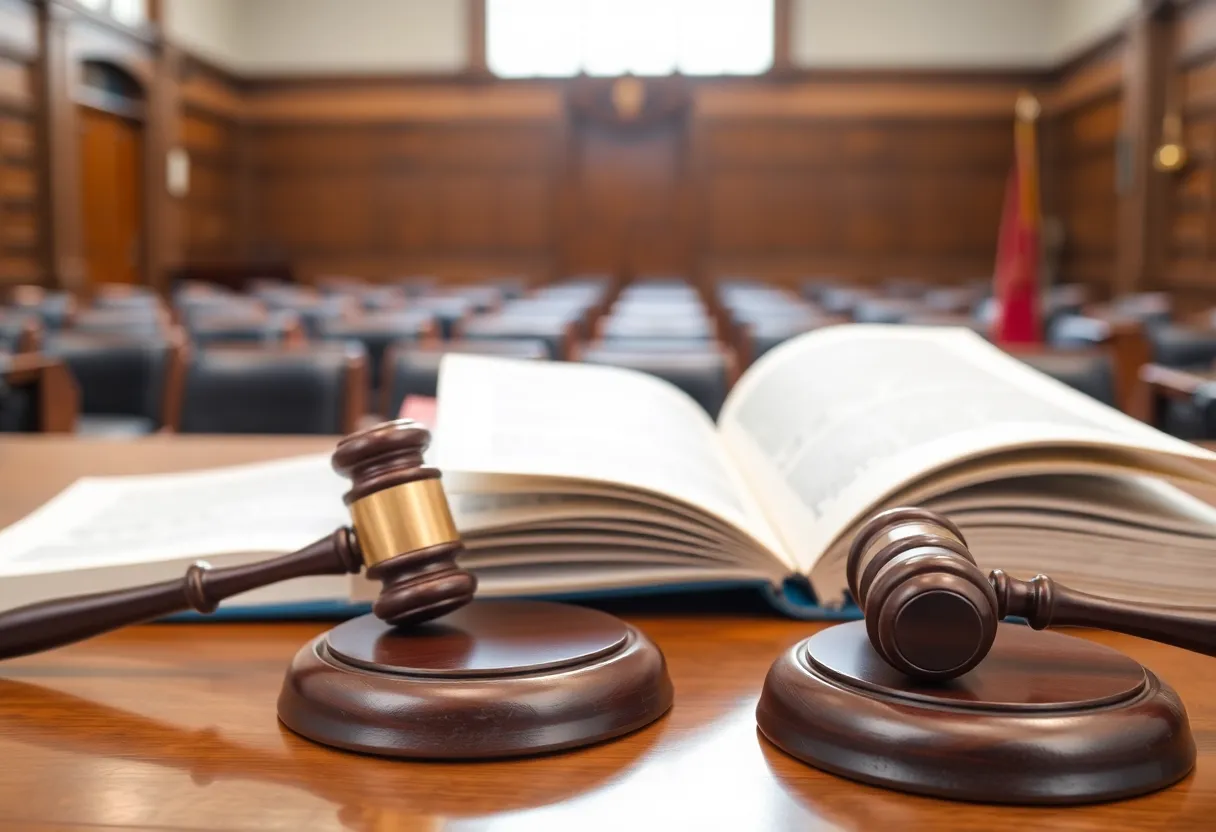 Courtroom scene with legal books and a gavel