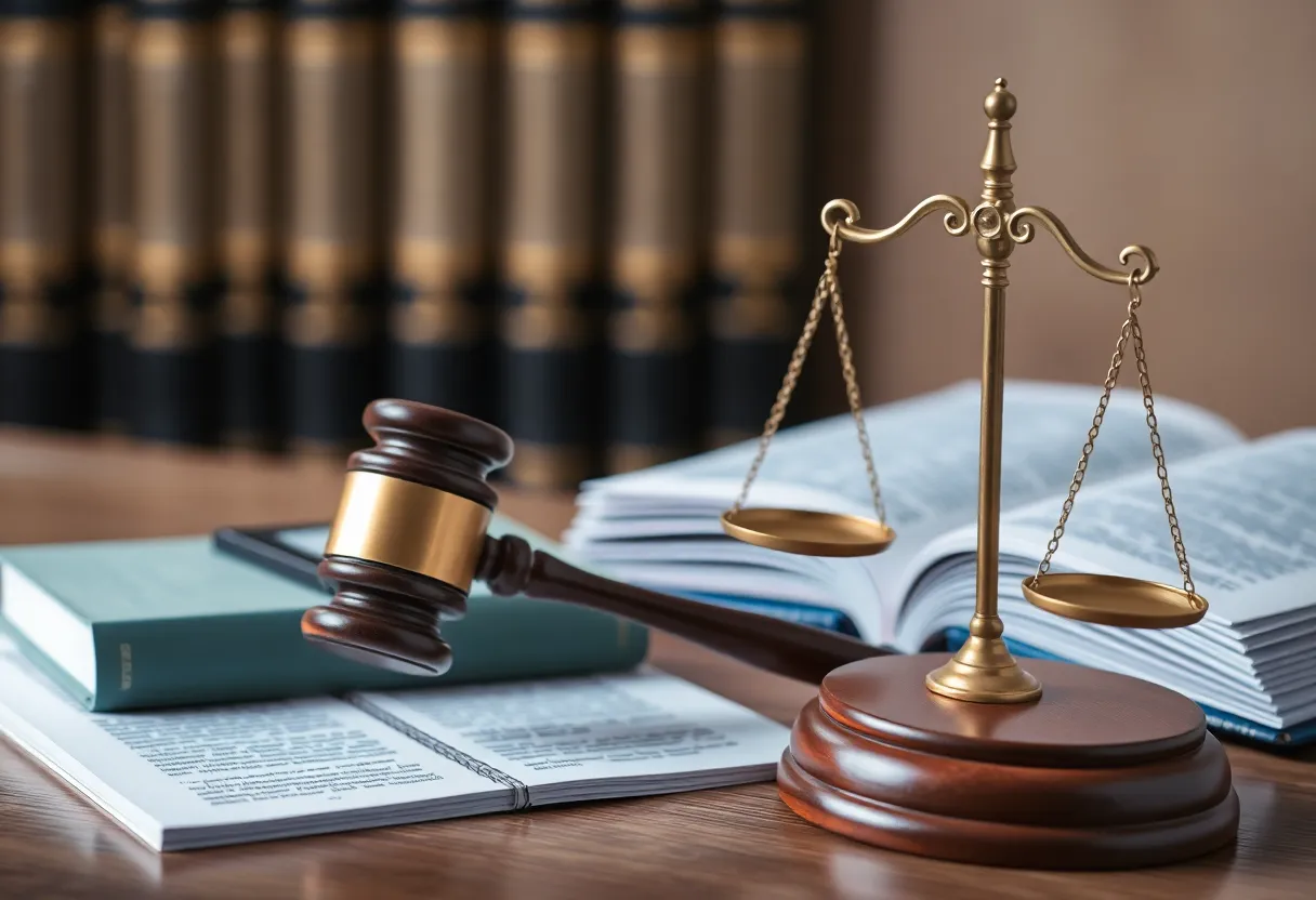 Abstract courtroom scene illustrating legal challenges