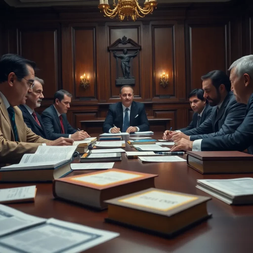A courtroom with lawyers in discussion during a trial