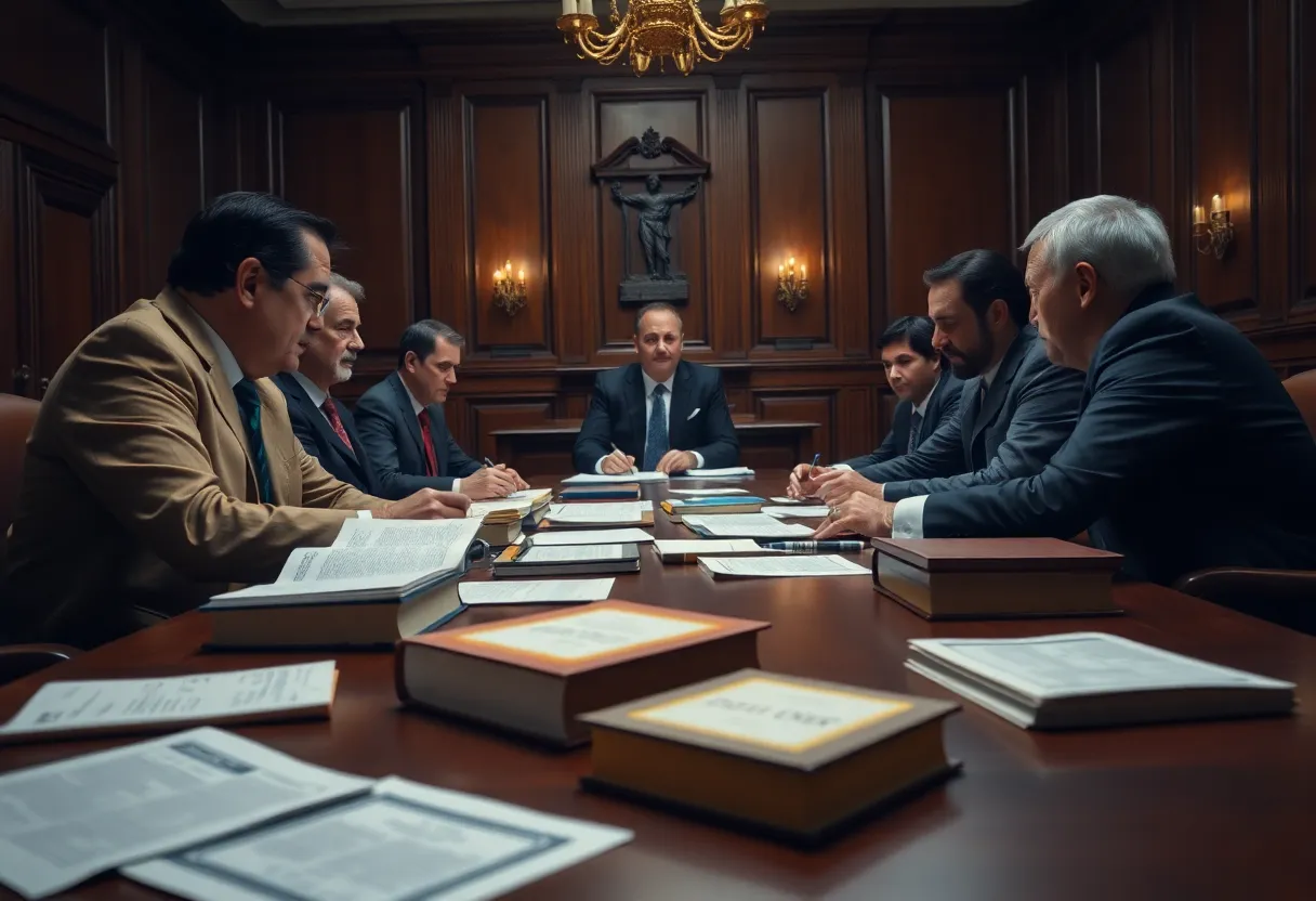 A courtroom with lawyers in discussion during a trial