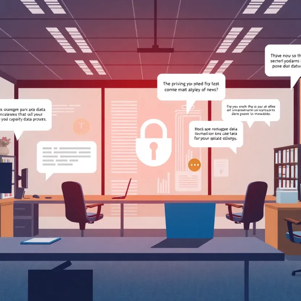 Illustration of a business office focusing on data privacy and breach notifications.