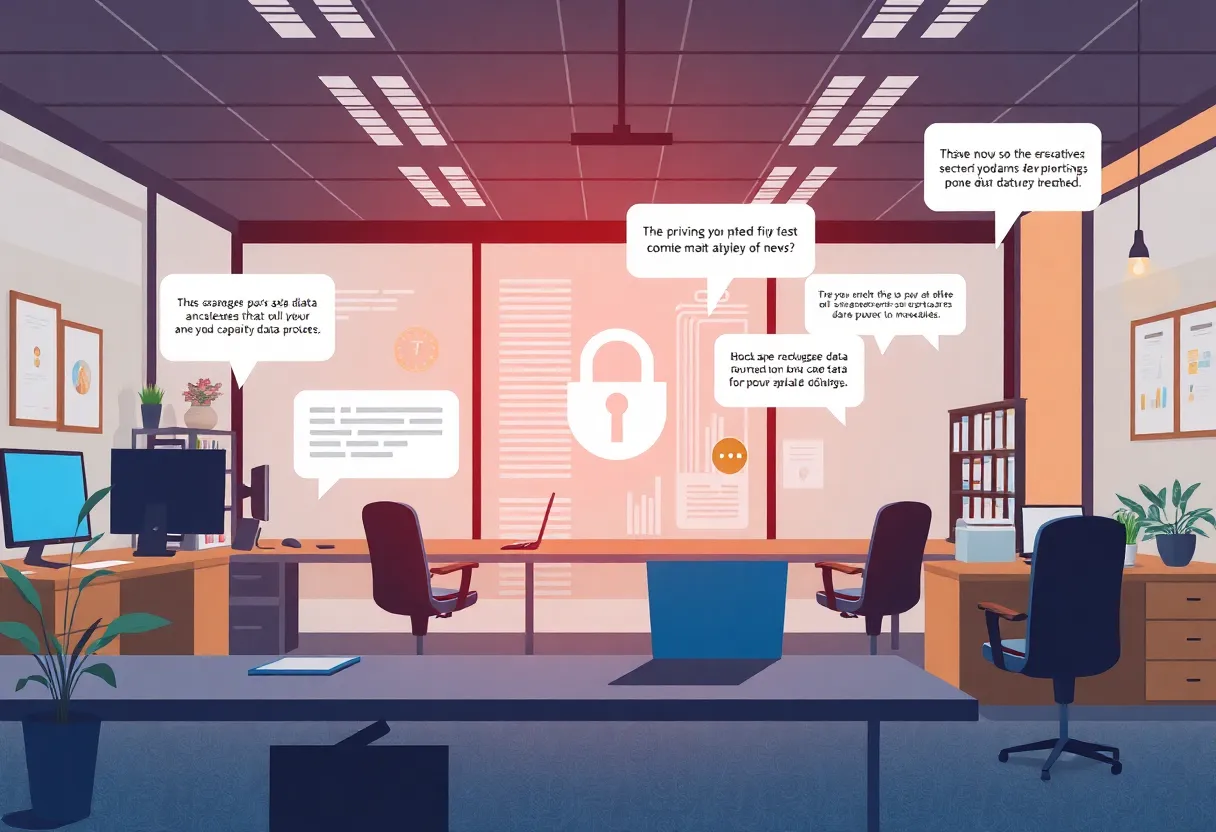 Illustration of a business office focusing on data privacy and breach notifications.