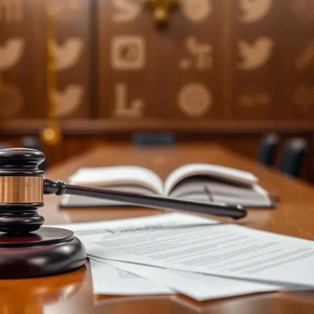 Courtroom with gavel and legal documents