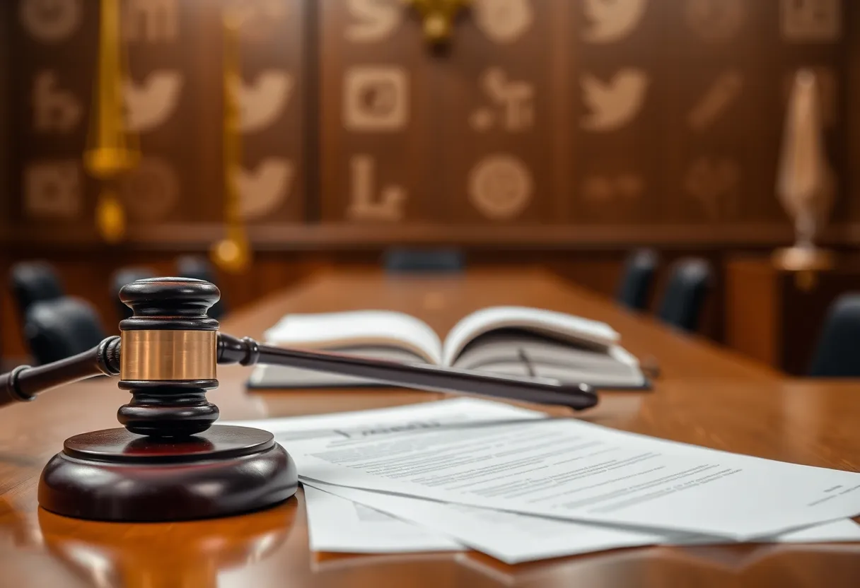 Courtroom with gavel and legal documents
