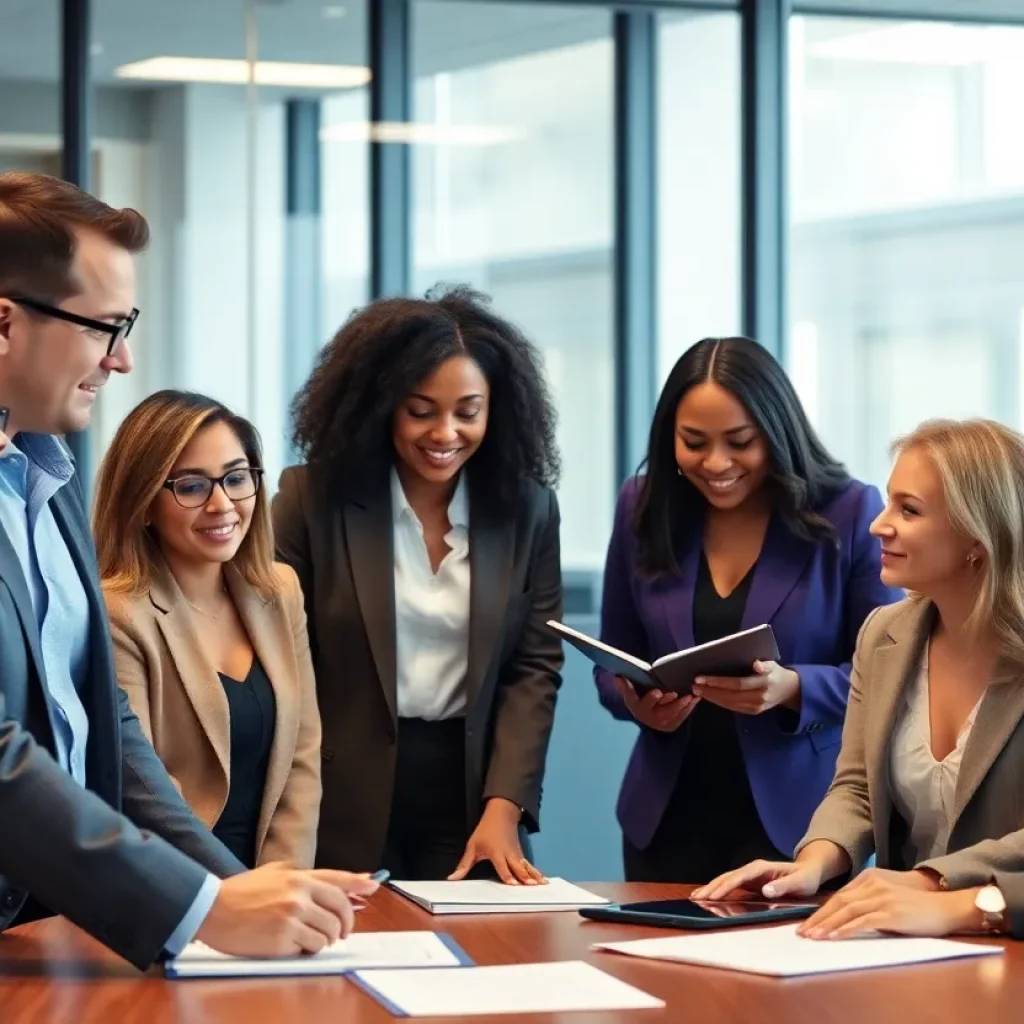 A diverse legal team at work in their office, emphasizing collaboration and client support.