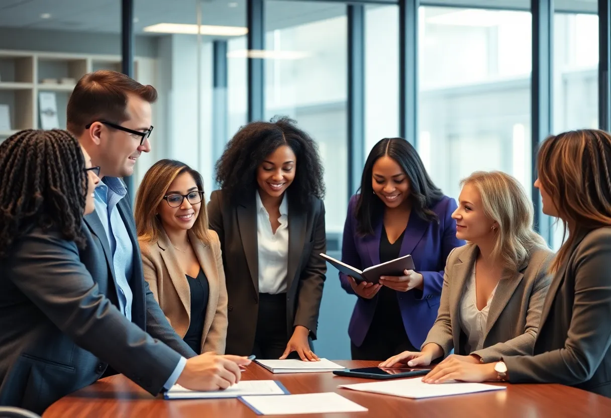 A diverse legal team at work in their office, emphasizing collaboration and client support.
