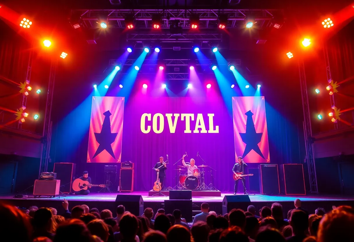 The atrium of a vibrant theater set for a musical performance