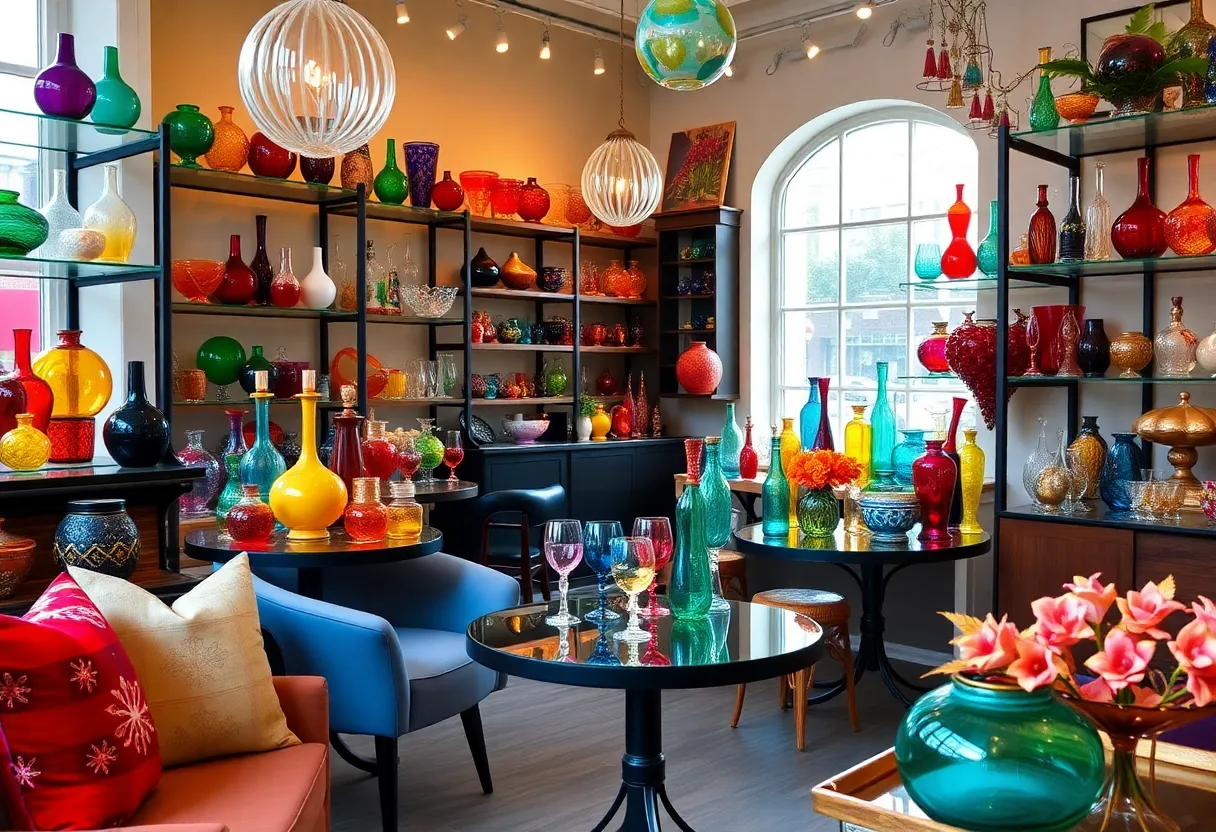 Interior of Estelle Colored Glass boutique showcasing colorful glassware