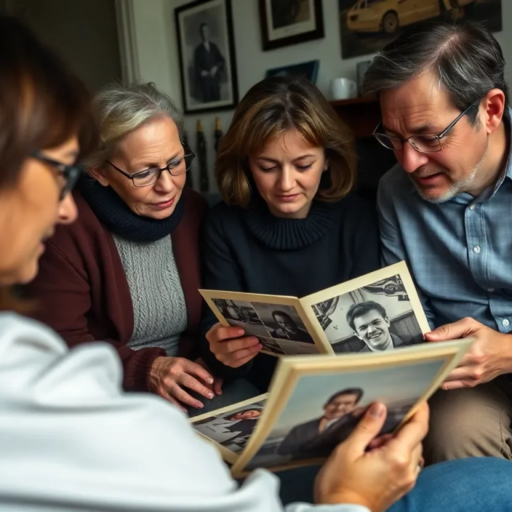 Family gathered looking at old photographs