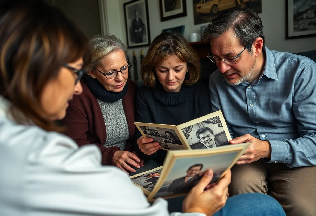 Family gathered looking at old photographs