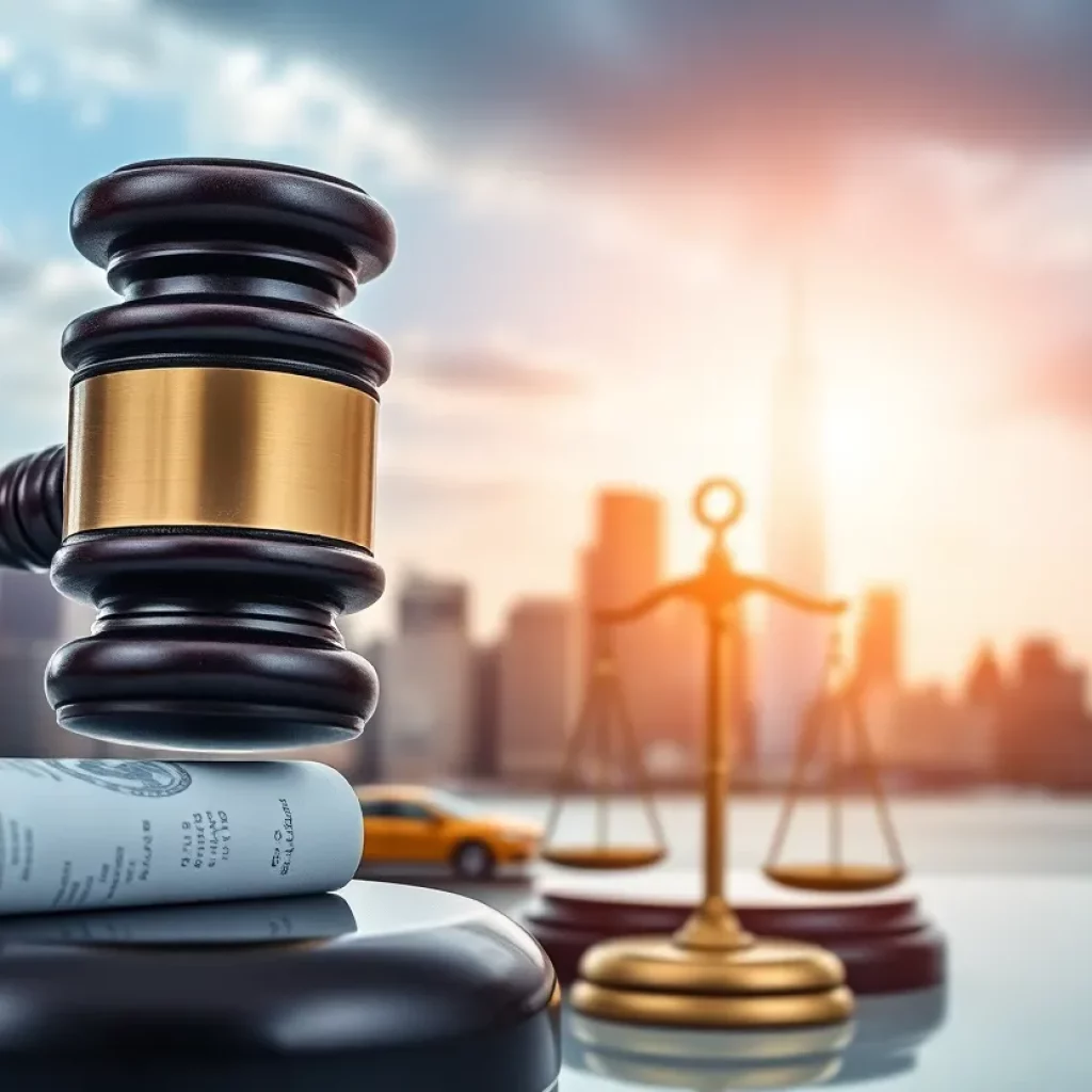 Representation of law enforcement with the New York skyline and a gavel.