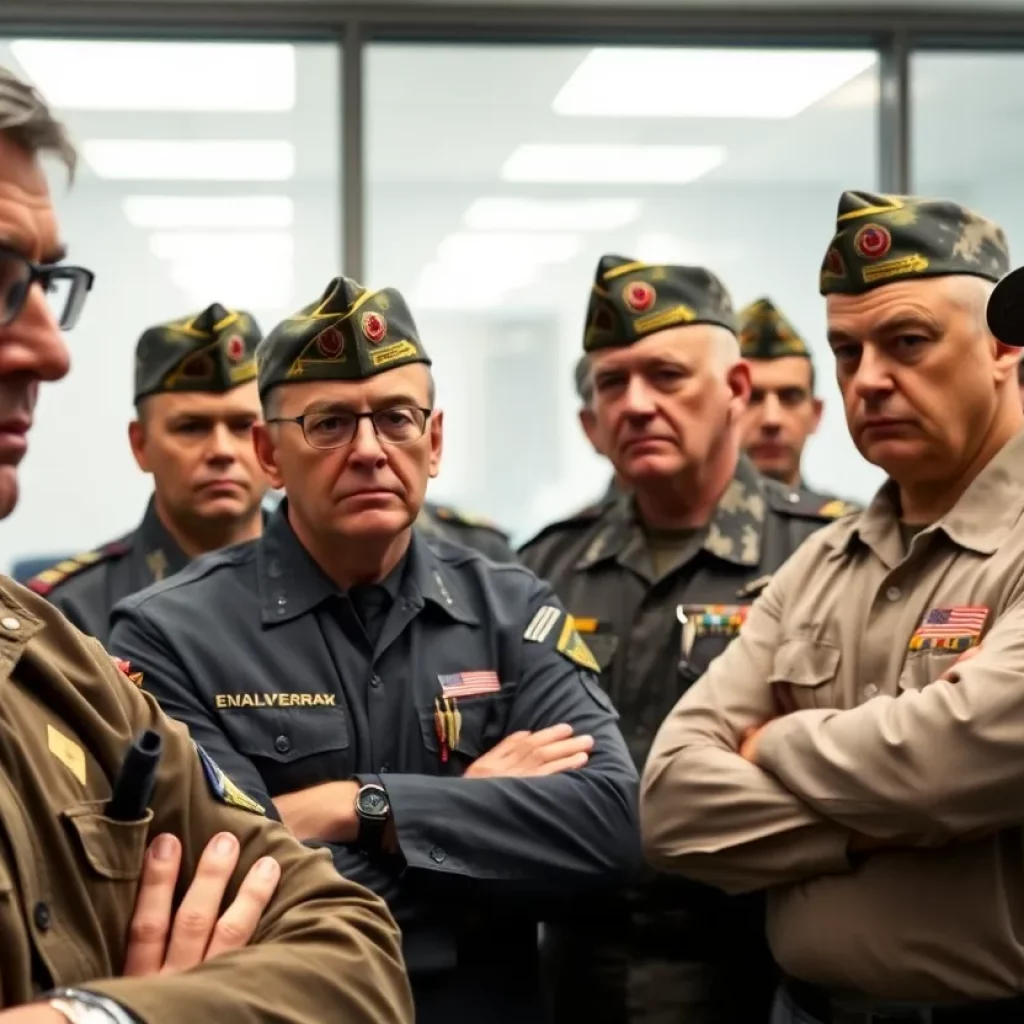 Veterans expressing concern over federal layoffs in an office setting