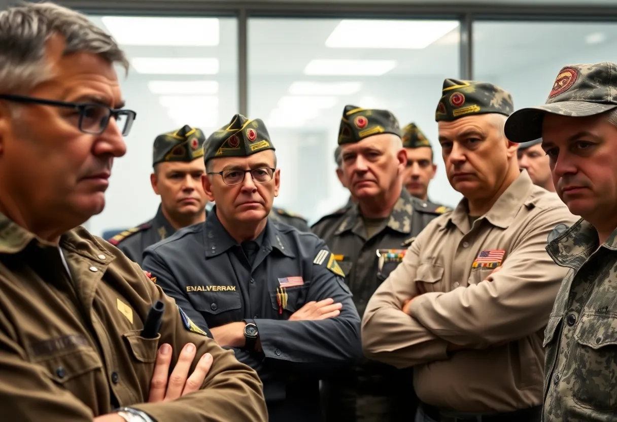 Veterans expressing concern over federal layoffs in an office setting