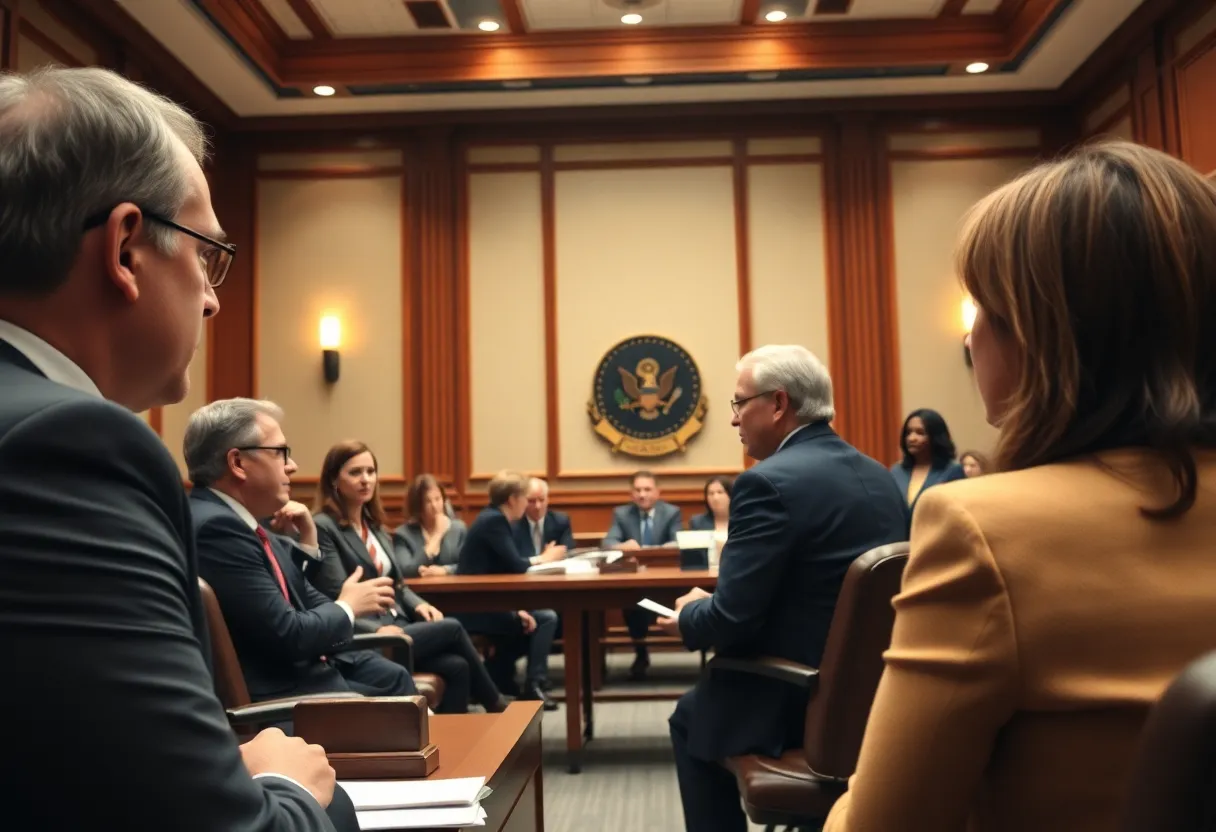 A courtroom scene depicting a legal dispute over the government email system.