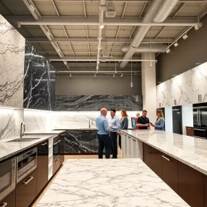 Showroom displaying a variety of granite countertops with designers