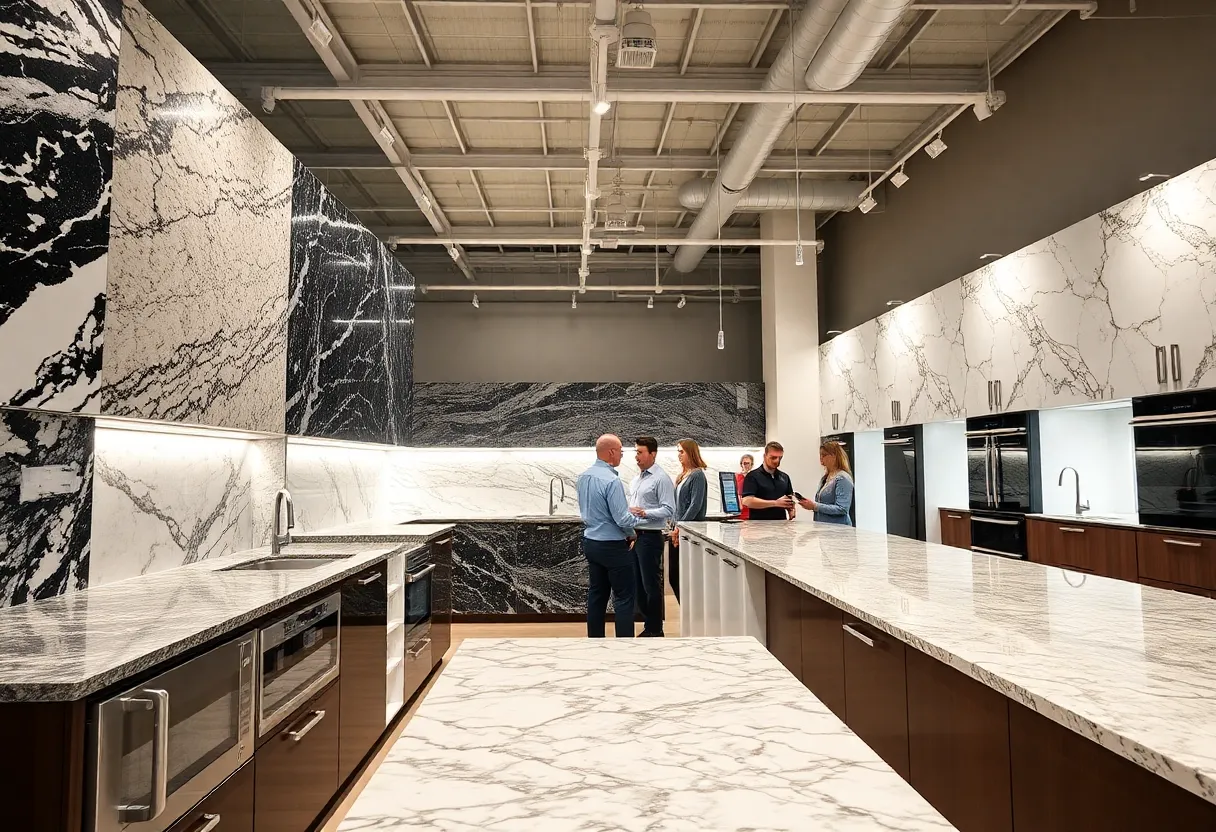 Showroom displaying a variety of granite countertops with designers