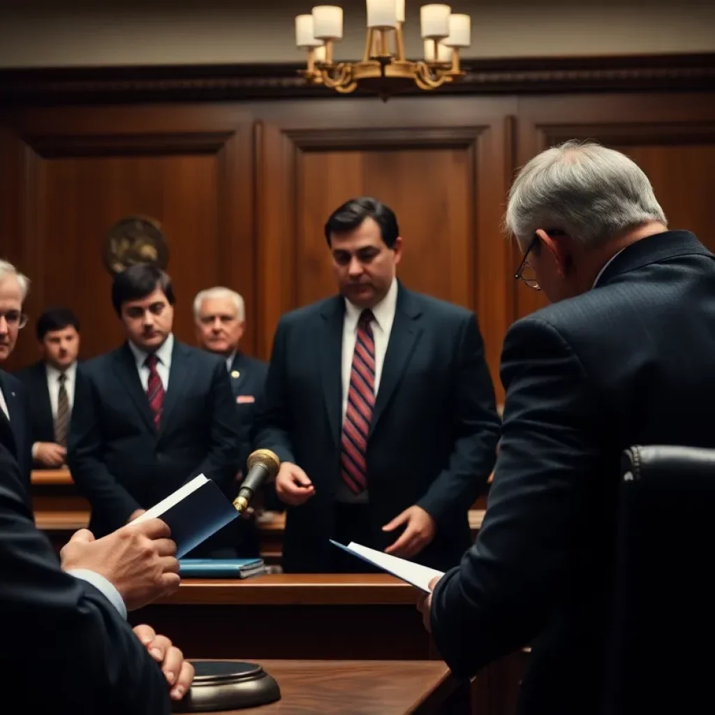 A courtroom with lawyers discussing a skiing incident case.