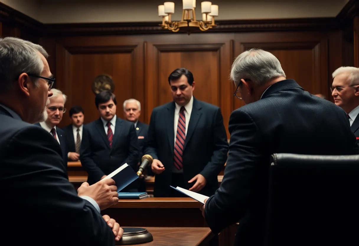 A courtroom with lawyers discussing a skiing incident case.