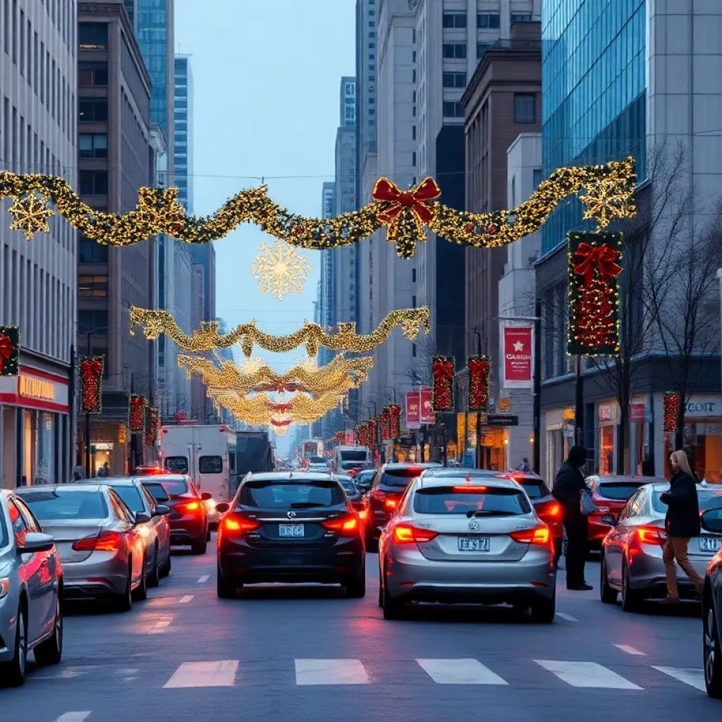 Holiday traffic scene in Hartford with festive decorations