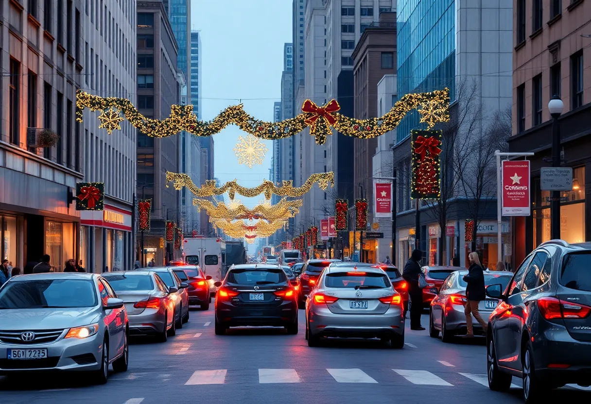 Holiday traffic scene in Hartford with festive decorations