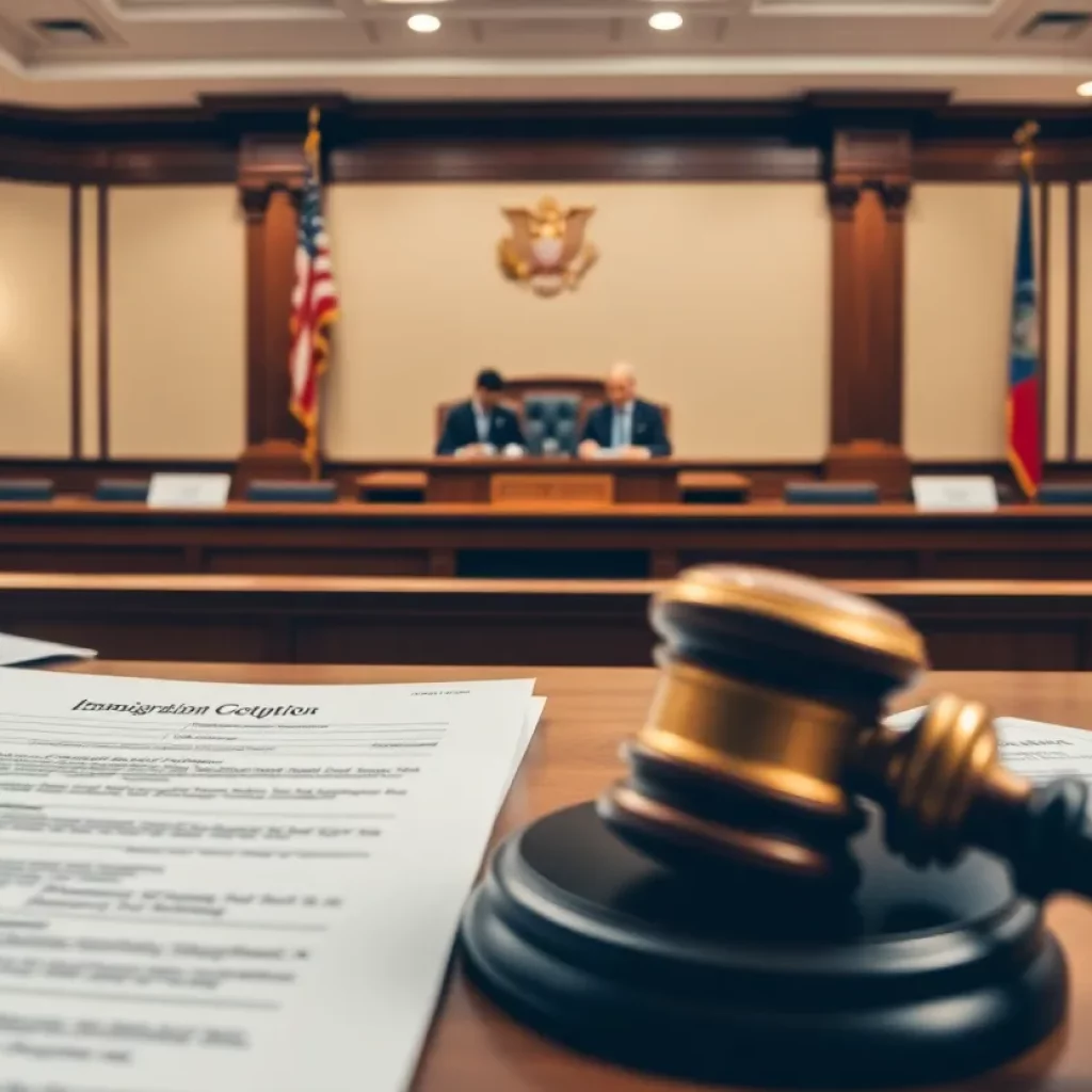 Courtroom with immigration documents emphasizing legal challenges