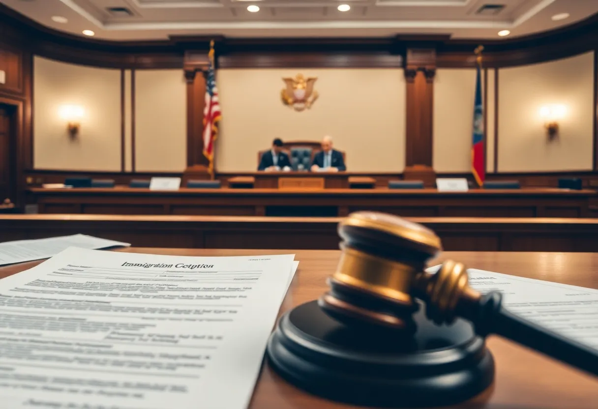 Courtroom with immigration documents emphasizing legal challenges