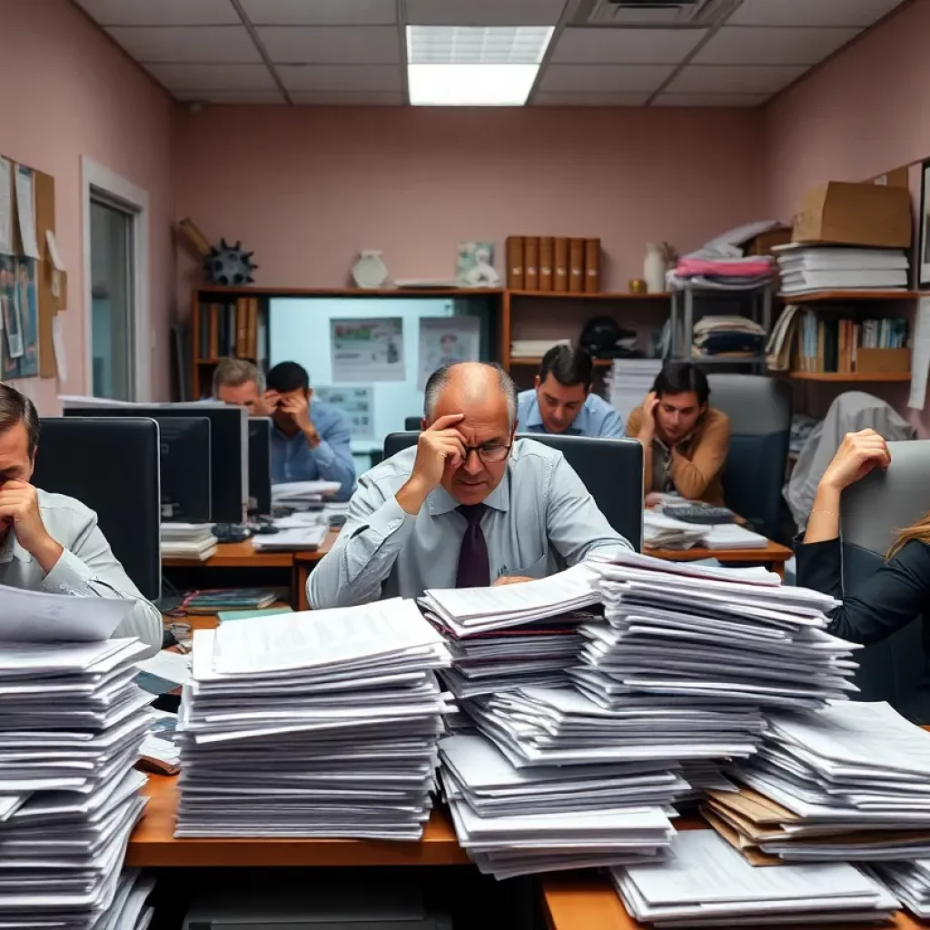Chaotic office scene in a tax agency showing stressed employees and paperwork.