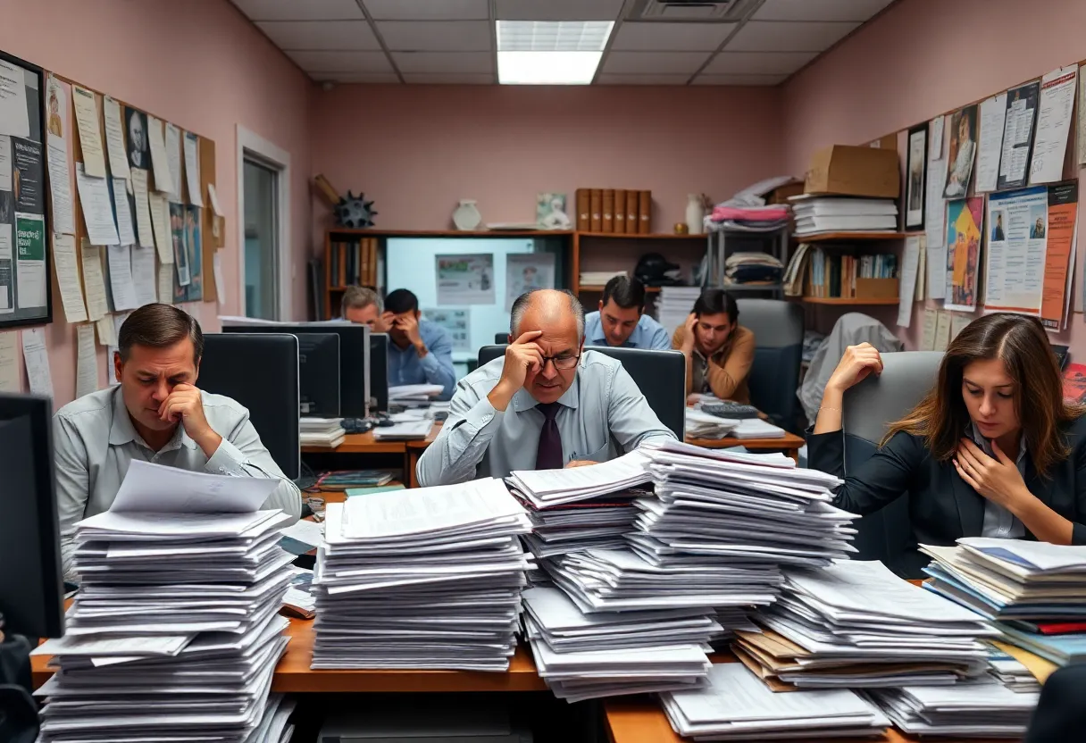 Chaotic office scene in a tax agency showing stressed employees and paperwork.