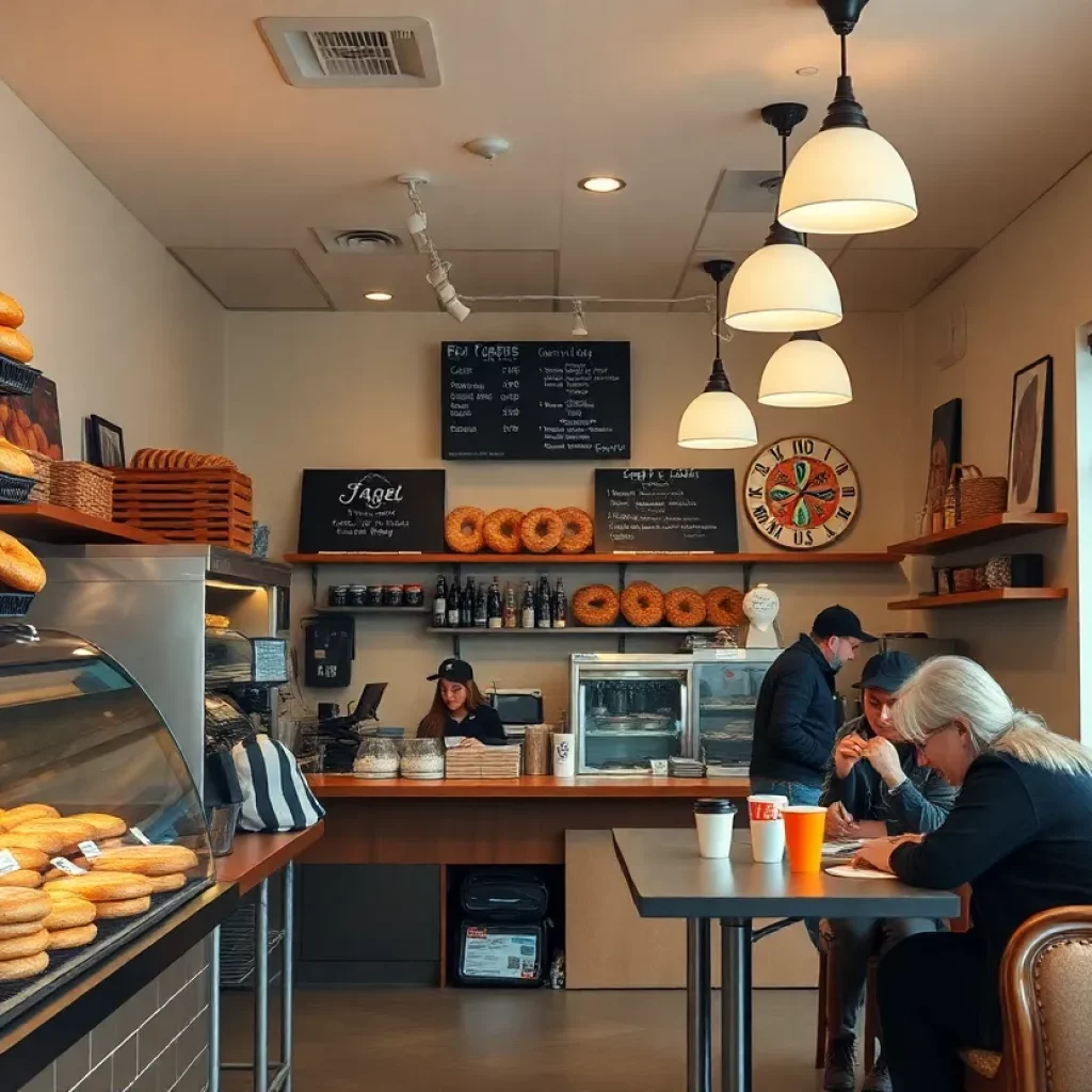 Interior of Jeff's Bagel Run with bagels and coffee