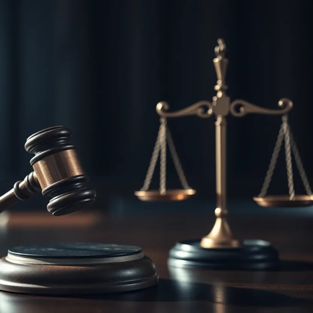 A gavel and scales of justice against a dark courtroom backdrop