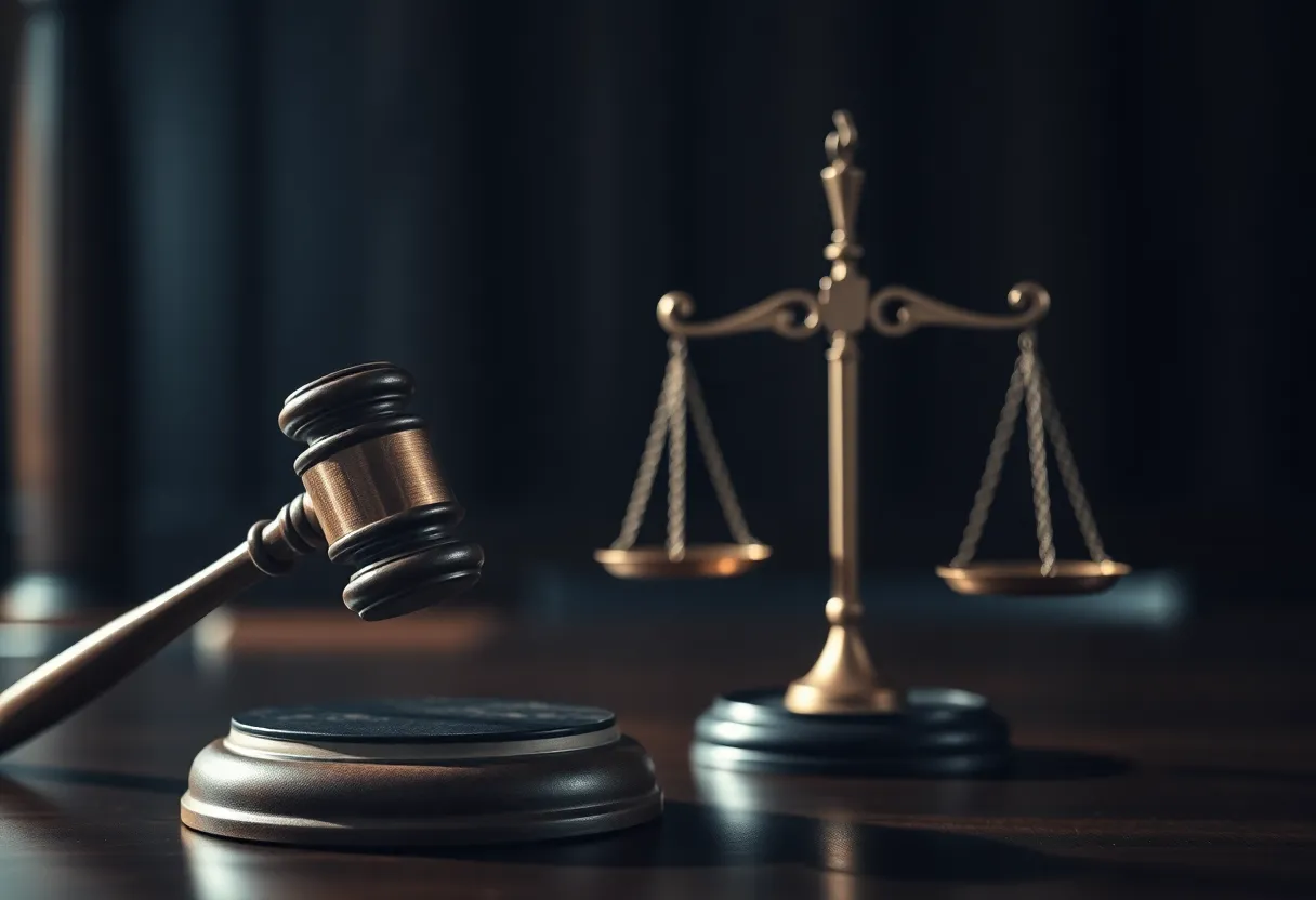A gavel and scales of justice against a dark courtroom backdrop