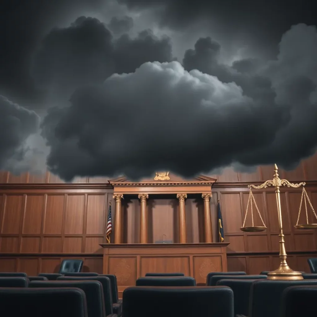 A symbolic representation of the justice system facing challenges and scrutiny.
