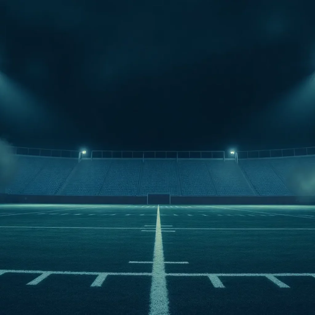 A deserted football field at night reflecting uncertainty.