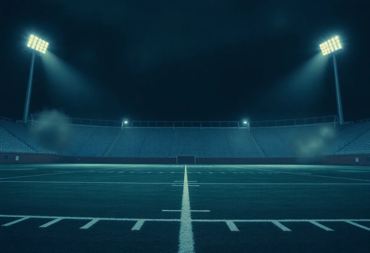 A deserted football field at night reflecting uncertainty.